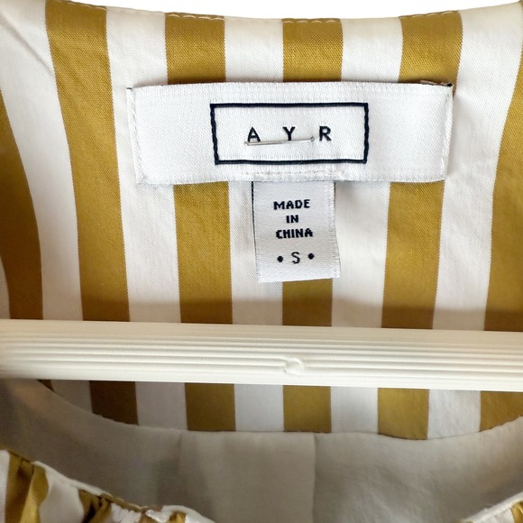 AYR Striped Blouse Puff Sleeve Gold White Women's S Top Bubble Hem - Picture 3 of 7